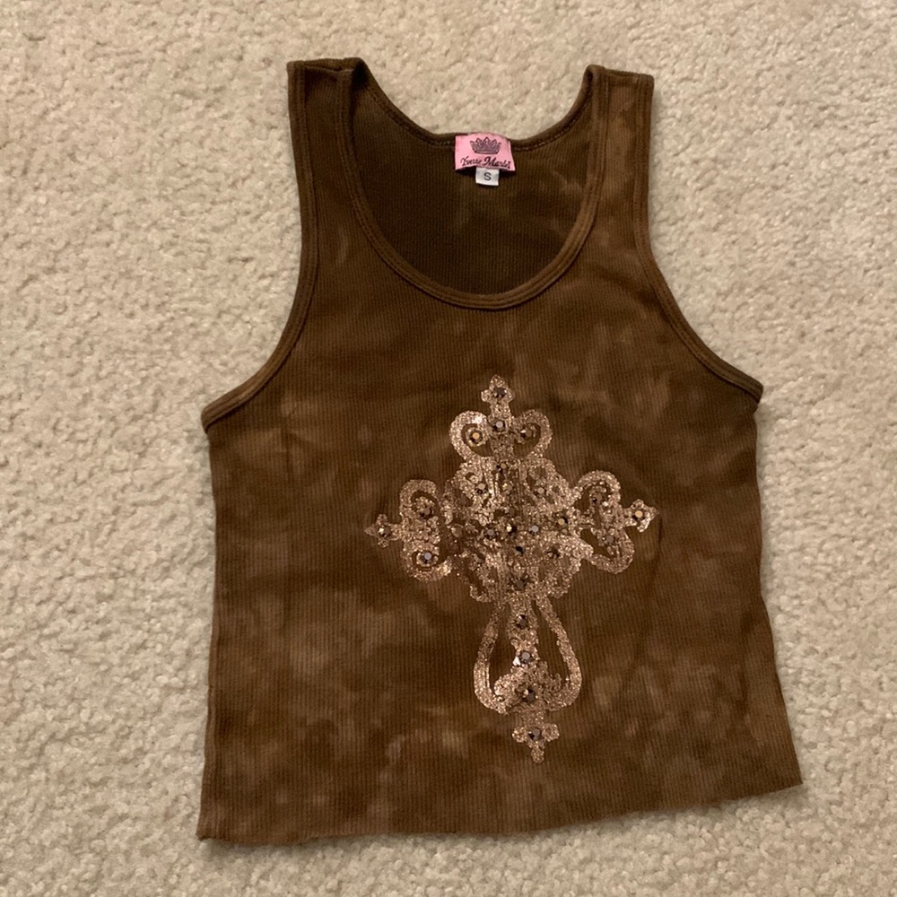 Brown tie dye bedazzled cross tank
